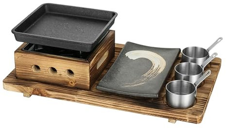 UGCER Juego de Parrilla Japonesa para Barbacoa, Estufa de Barbacoa portátil con Alcohol con Bandeja para Hornear Antiadherente, Plato Llano, Tazas para condimentos y Base de Madera,A