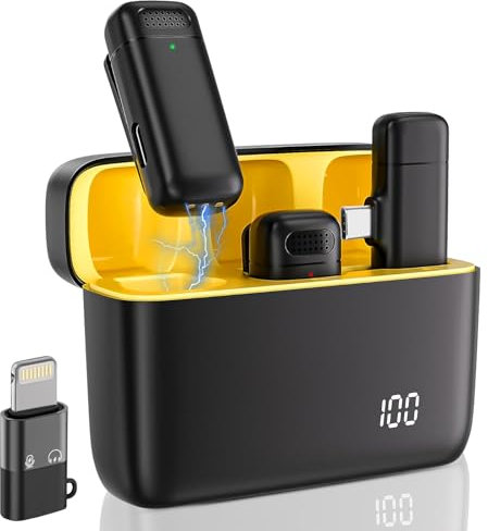 AKOFIC Microfono Lavalier Wireless per iPhone/iPad/Telefono Android/Laptop, Mini Microfono Cellulare Professionale con Cancellazione del Rumore, per Registrazione Video, Podcast, Vlog, YouTube, TikTok