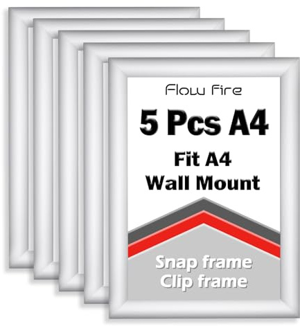 Flow fire A4 Silver Snap Frame, Wall Mount A4 Size Clip Frames Pack of 5, 25mm Aluminium Front Opening Snap Frame for Poster Picture and Certificate