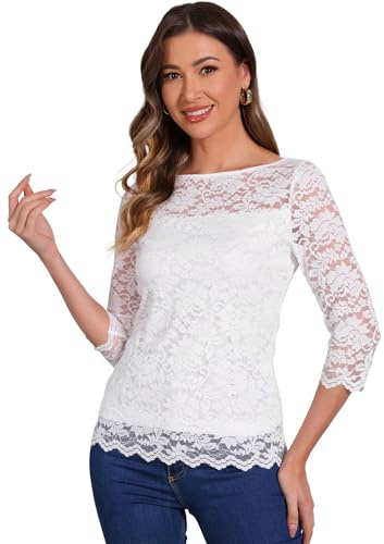 Allegra K Top Donna in Pizzo Floreale con Maniche 3/4 e Scollo Rotondo Bianca S