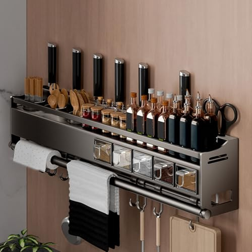 Giural 68cm,Gewürzregal Wand mit Küchenrollenhalter und Haken und Gewürzbox, Küchenregal Ohne Bohren aus Metall, Spice Rack, Gewürz Organizer Hängend für Küchen und Bad Organizer