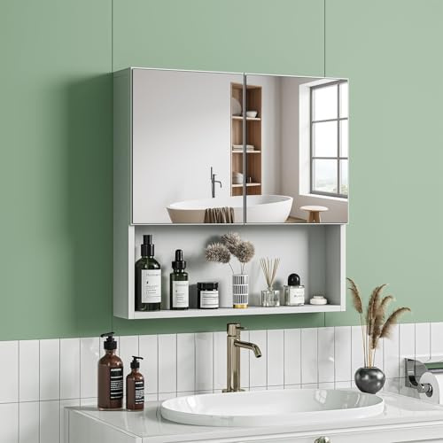 Dripex Badezimmerschrank mit Spiegel, 2 türiger Badspiegelschrank mit Ablage, Spiegelschrank Bad mit verstellbarem Einlegeboden, 60 x 60 x 12 cm Weiß