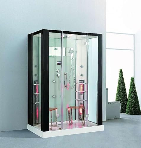 Dampfdusche Florida inkl. Infrarotsauna 145x90 cm – Wellnesskabine mit 3 kW Dampfgenerator, 12 Massagedüsen, Regenfalldusche, LED-Farblicht, Sitzfläche, Bluetooth & Aromatherapie für 2 Personen