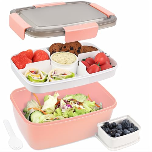 Bugucat Bento Box 2000ML, Lunch Box Salad Lunch Container to Go with 4 Compartment Tray, Salad Bowl with Dressing Container, Meal Prep to Go Containers for Food Fruit Snack,Dark Pink