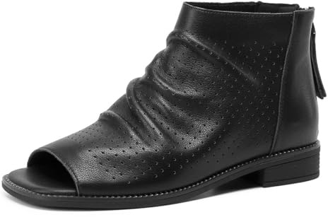 FSJ Women Peep Open Toe Boots Slouchy Low Block Heel Ankle Bootie Flats Sandal Ruched Cutout Zipper Comfort Causal Party Dress Shoes Size 11 Black