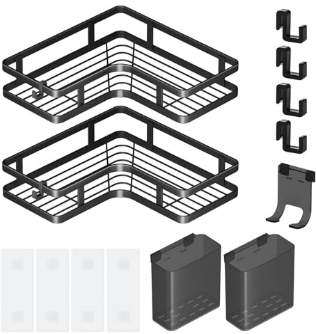 Estante de Esquina Ducha 2 Piezas Negro, Adhesivo Sin Taladrar, 26 cm, Carga Máxima 10 kg, Hierro Pintado Al Horno, Azulejo/Vidrio/Mármol, Con Ganchos y Porta Pasta de Dientes