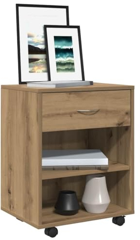 Mokuyary rullbehållare artisan-ek 46 x 36 x 59 cm trämaterial rullskåp med hyllor och lådor, mobilt arkivskåp med rullar, kontorsbehållare sidobord för vardagsrum