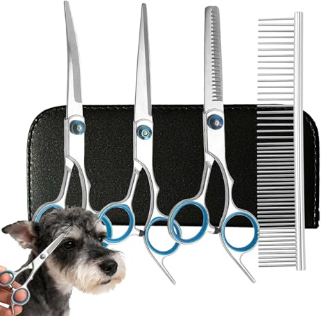 Ciseaux de toilettage pour chien – 3 paires de ciseaux pour animaux de compagnie avec peigne, ciseaux en acier inoxydable pour la coupe de chien, coupe droite, incurvé, pour l'entretien et la coupe