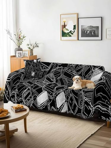 Black White Postmarks Sofa Cover Blanket Couch Covers for Armchair Cushion,Couch Sofa Silpcover with Tassel,Modern Abstract Lines Motifs Living Room Bedroom Throw Towel Blanket Covers XX-L 71x150