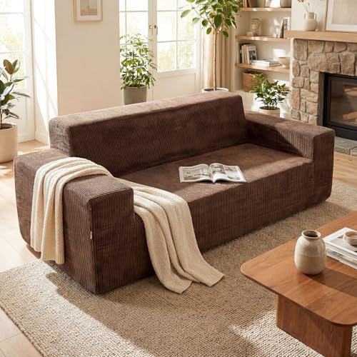 COSTWAY Canapé 3 Places en Velours Côtelé, Canapé sans Cadre avec Dossier Haut, Accoudoirs Larges et Assise Profonde pour Salon, Appartement, Chambre, Petits Espaces, Livré Compressé, Marron