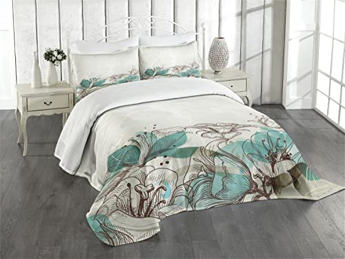 ABAKUHAUS Türkis Tagesdecke Set, Retro Hibiscus Kunst, Set mit Kissenbezug Moderne Designs, für Einzelbetten 170 x 220 cm, Beige Teal