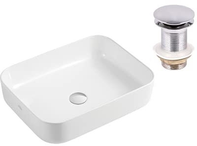 VBChome Waschbecken 51 x 40 cm Keramik Weiß Oval Pop-up ventil Click-Clack Waschtisch Handwaschbecken Aufsatzwaschbecken Waschschale Gäste WC