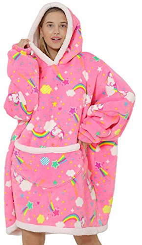 Wenlia - Sudadera de gran tamaño con capucha para mujer, manta gruesa de franela Sherpa con bolsillo y mangas, súper suave, cálida y acogedora, talla única, regalo para madre e hija, rosa, talla única