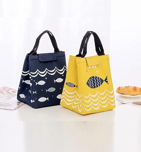 Guidre 2 Stück Lunch Bag,Klein Lunchtasche,Faltbare Isoliertasche,Thermotasche mit Folienfutter,Mittagessen Tasche für Unterwegs,Arbeit,Schule,Ausflug Lebensmitteltransport-(Blau+gelb)