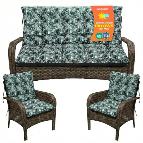 Superkissen24. Large Garden Bench & Sunlounger Seat Cushions 120x50 cm and 120x60 cm back + 2x 48x96 cm - Covers for Garden Swing and Sunbed - Outdoor & Indoor Long Bench Pillow - Waterproof - Exotic