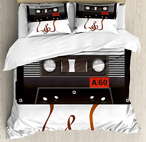 Ambesonne 70s Party Duvet Cover Sets, Broken Analogue Audio Cassette Music Playing Record Vintage Technology, Bedding Set with 2 Duvet Covers & 4 Pillowcases, 2 Pack King Size, Orange Caramel White