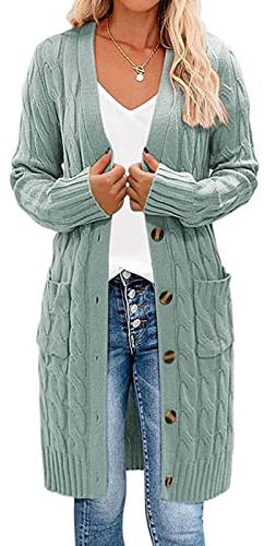 Earnmore Cardigan Long à Manches Longues en Tricot torsadé Ouvert sur Le Devant pour Femme, Vert Clair, Taille L