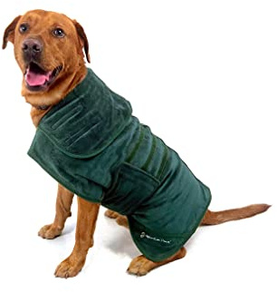 Mountain Paws Dog Drying Robe | Microfibre Dog Towel Robe | Super Absorbent Dog or Puppy Bathrobe with Adjustable Collar/Hood & Belly Strap | Super Soft | Fast Drying, Green
