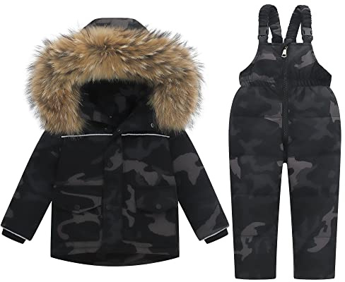 Kids Ski Suits 2-Piece Snowsuit Set - Winter Hooded Puffer Down Jacket and Snow Bib Pants Toddler Ultralight Skisuit Set, 2-3 Years