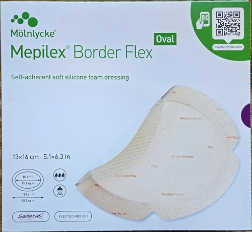 Mepilex Mölnlycke® Border Flex ovale flexible Kompressen, 13 x 16 cm, Bauchlagerung, Safetac-Technologie, 5 Stück, REF583300