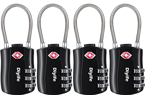 Diyife TSA-bagagelås, 4 stycken, 3-siffrigt säkerhetslås, kombinationslås, kodlås för resväska, bagageväska, etui med mera (svart)