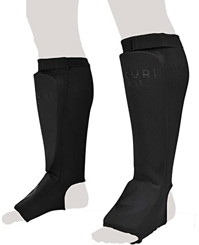 SAKURI Shin Guards for Kickboxing, Muay Thai, MMA, Taekwondo, Karate, Boxing, Martial Arts, Elasticated Sock Padded Protection to Support Leg Foot & Instep, Equipment Gear for Men Women in Training, Sparring