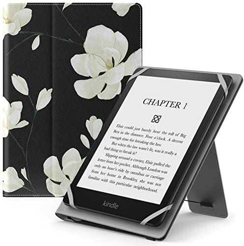 MoKo Custodia Cover Universale Compatibile con E-Lettore Kindle/Kobo/Voyaga/Lenovo/Sony/Tolino da 6, 6,8 e 7, in Pelle PU con Chiusura di Elastico, Doppio Supporto e Manico, NeroBianco Magnolia