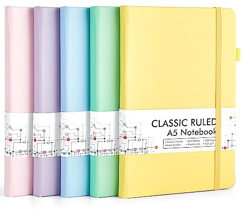 feela 5 Pack A5 Notebooks Multipack, Ruled Lined Notepads A5 (120 GSM), Hardback Journal Notebook with 5 Black Gel Pens for Work, Study, School, 128 Pages/Pack, 21 x 13 cm, Pastel Colours