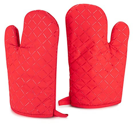 LS Industries Ofenhandschuhe Anti Rutsch (Rot), Hitzebeständig bis 250°C, aus Baumwolle und mit einem Silikon-Netz überzogen für sicheren Halt