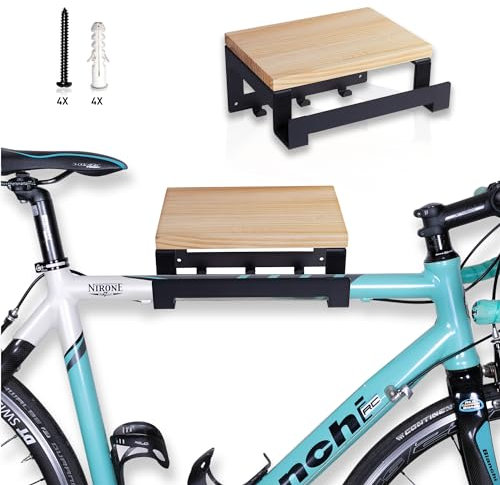 pedl® Fahrrad Wandhalterung - Design Fahrrad Aufhängung Stahl & Holz für Rennrad, Fixie, E-Bike, Mountainbike - Indoor Fahrradhalterung für Wohnung, Wohnzimmer, Garage - mit Regal und Haken (Schwarz)