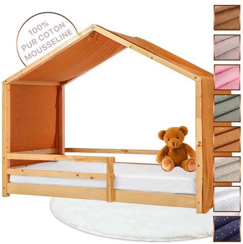 Lovely Hippo Hausbett Himmel - 100% Baumwolle Betthimmel Hausbett aus Musselin - Bett Vorhang Kinderbett - Himmelbett Vorhänge für 80x160 & 90x200 (Camel/Gold, 97 x 402cm, Ohne Tasche)