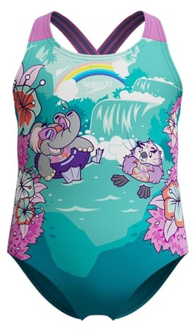 Speedo Learn to Swim Printed Crossback Swimsuit, Chlorine Resistant, Recycled Fabric, Stretchy Fabric Traje de baño para Niñas, Neon Violet, 4 années