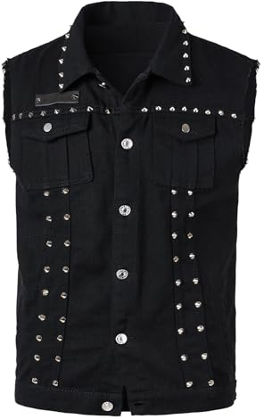 Yukirtiq Chaleco de Mezclilla para Hombre Chaleco Vaquero Vintage Chaqueta Sin Mangas de Moto Chaleco de Tela Vaquera con Remache Chaleco de Denim, Negro, XL
