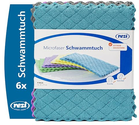 REZI 6X Microfaser Schwammtuch Lappen Küche I Putzlappen/Reinigungstücher/Spültücher 60 Grad waschbar I Küchentücher/Abwaschlappen aus Mikrofaser/Microfiber