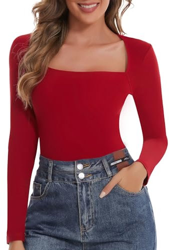 SHAPERIN Women’s Long Sleeve Tops Square Neck Top Plain Casual Shirts Base Layer Ribbed Tee Red 1# S