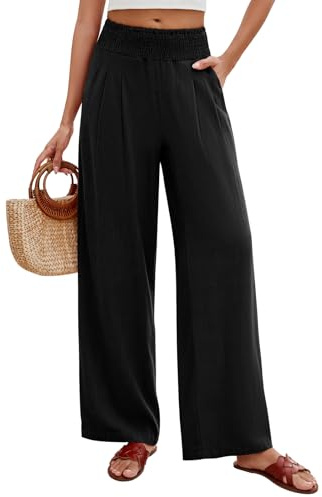 PASUDA Pantalon Femme Été Lin Pantalons Taille Haute Elastique Pantacourt Coton Grande Longueur Palazzo Pants Jambe Large Ample Fluide Droit Décontractée avec Poches (Noir, M)