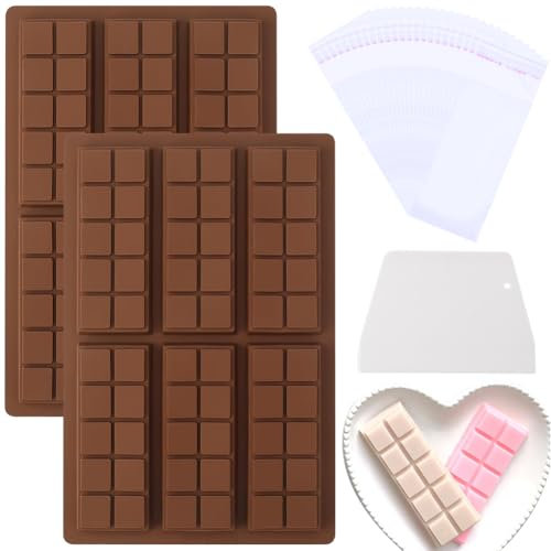 2PCS Molde Tableta Chocolate, Moldes Silicona para Chocolate,Molde Chocolate Profundo, Con 1 espátula y 100 bolsas, DIY Moldes Silicona Barra de Chocolate para Caramelo de Praliné de Chocolate