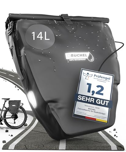 Büchel 14L Fahrradtaschen für Gepäckträger im 2er-Set, 100% Wasserdicht inkl. Schultergurt&Tragegriff, Fahrradtasche mit Reflektoren&Rastfunktion für Arbeit&Freizeit| Gepäckträgertasche Schwarz