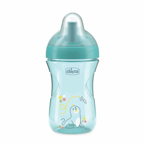 Chicco VASO ADVANCED, Vaso antigoteo de plástico 266 ml con pajita, boquilla ergonómica y válvula, 0% BPA, 12M+, Azul