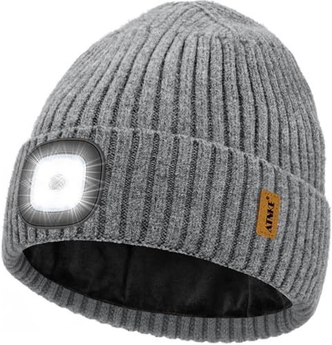 ATNKE LED Lumineux Bonnet Chapeau,USB Rechargeable 4 LED Course Chapeau Lumière Mains Libres Lampe Frontale Hiver Chaud Polaire Doublé Tricot Beanie Cadeaux pour Homme et Femme/Gray