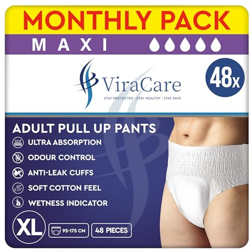 48 x Maxi Incontinence Pants Women & Men | Adults Diapers | Ultra Absorption and Soft-Stretch Waistband | Adults Pull Up Pants | Waist Size X Large 95-175 cm | (4 Packs of 12)