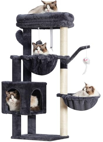 Heybly Arbol Rascador para Gatos, Arbol Gato de 100 cm de Altura con Plataforma Grande, Cueva, 2 Hamacas, Juguetes y Árbol para Trepar con Rascador, Gris Ahumado HCT006SG