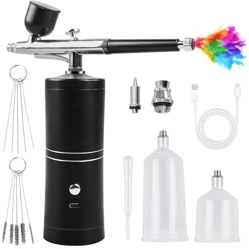 Juego de aerógrafo con compresor, kit de aerógrafo inalámbrico portátil, kit de aerógrafo recargable, pistola pulverizadora multifunción de doble acción para arte de uñas, tatuajes, maquillaje