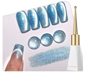 Blue Cat Eye Gel Nail Polish, Light Blue Magnetic Nail Polish 10ML, Glitter Holographic Soak Off UV LED Gels Shimmer Blue Color Gel Polish for Salon Manicure and Nail Art DIY at Home