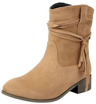 Ankelstövlar för kvinnor låg klack mocka vardaglig plus size västerländska stövlar kvinnor kort mode mysiga varma damer fransad cowboy stövel spetsig tå bred passform promenadstövel vintage klassiska