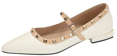 Mary Janes Mujer Retro Punta Fina con Tachuelas Correa Tobillo Hebilla Cuadrada Empeine De Ante Duradero Tacón Bajo Cómodo Zapatos Casual Vestido Oficina,Blanca,34 EU