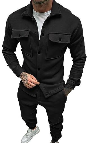 Set Elegante e Confortevole da Uomo - Giacca Sportiva da Uomo Elegante Set da Esterno Baggy Traspirante Abbigliamento Slim Fit Comodo Abbigliamento Casual Colore Solido, Nero , XXL