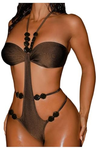 SweatyRocks Women's Cut Out One Piece Swimsuits Beaded Tie Backless Halter Bathing Suit Monokini Coffee Brown Medium