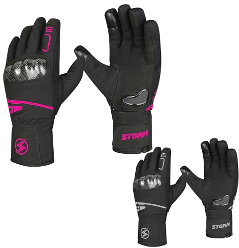 STORM Guanti Moto Invernali Softshell Uomo e Donna, Guanti Impermeabili Antivento Termici con Touchscreen e Palmo Antiscivolo, Protezione Nocche per Motociclismo (Nero/Rosa, S)