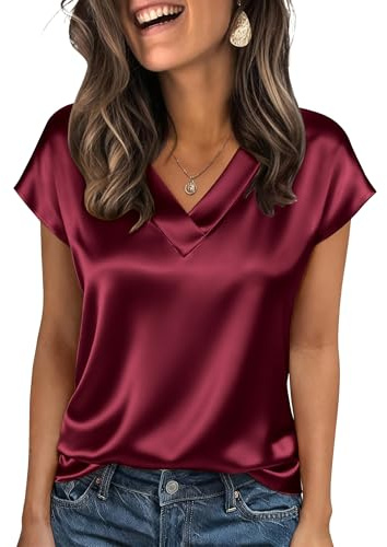 Zeagoo Chemisier Femme Satin Manches Courtes col V Été Soie Élégante Blouse | Couleur Unie Silk Tshirt| Business Shirts| S-XXL